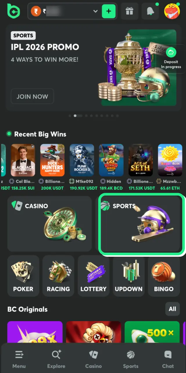 bc game app bet enter account sports tab