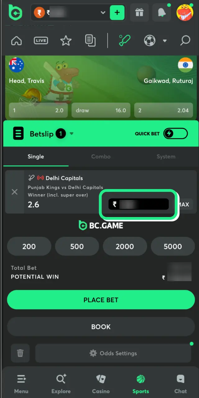 bc game app bet enter inr amount