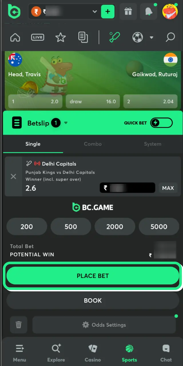 bc game app bet hit finish button
