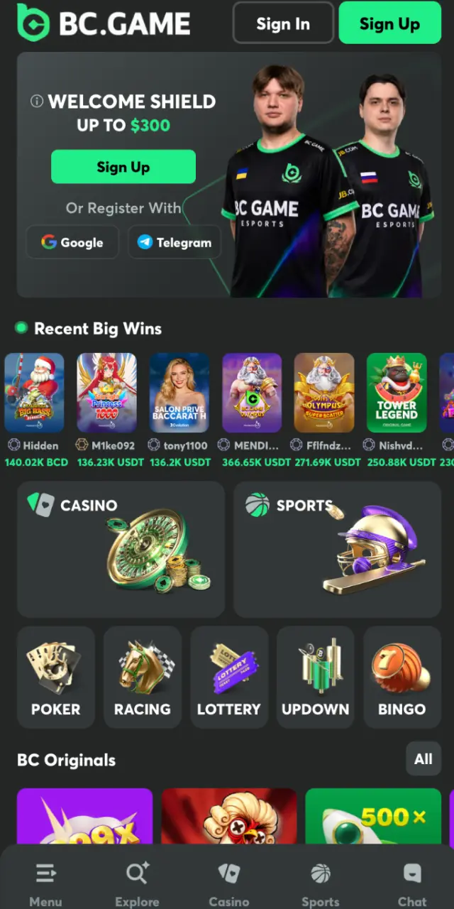 bc game app interface home