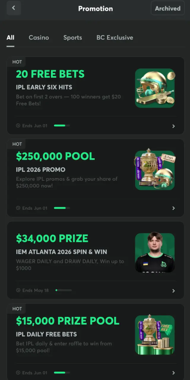bc game app interface promotions