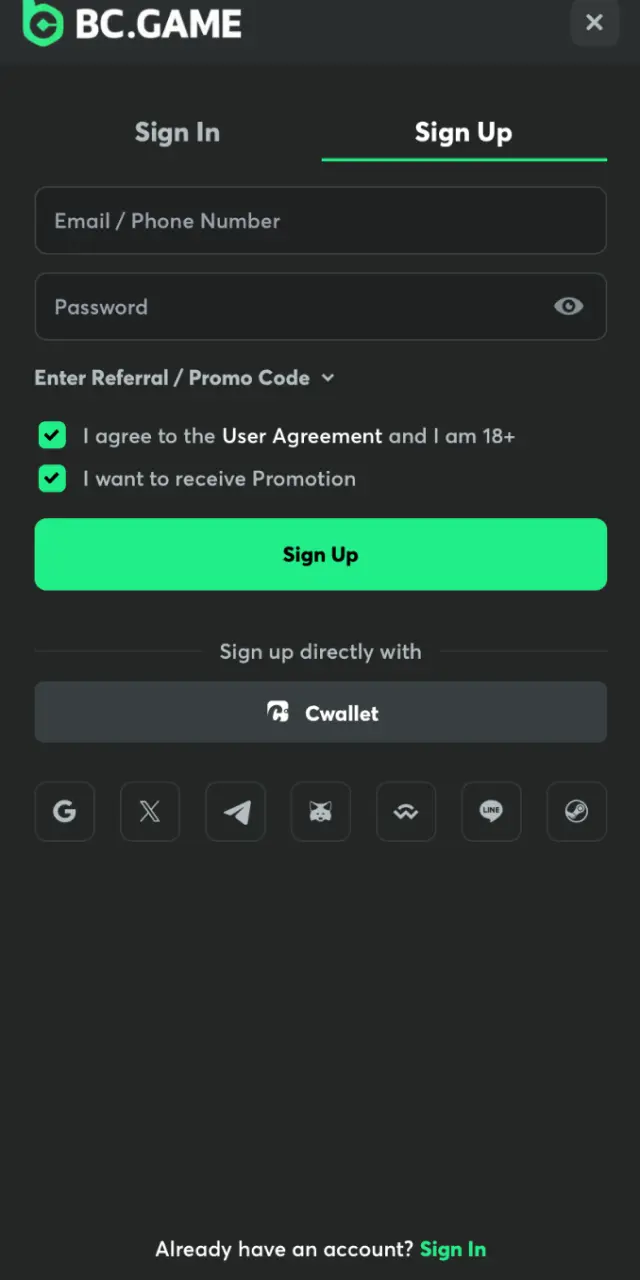 bc game app interface registration