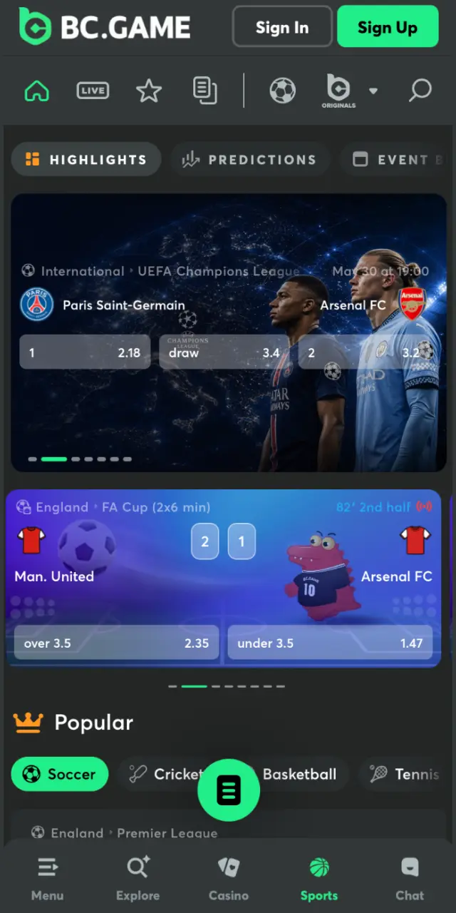 bc game app interface sports