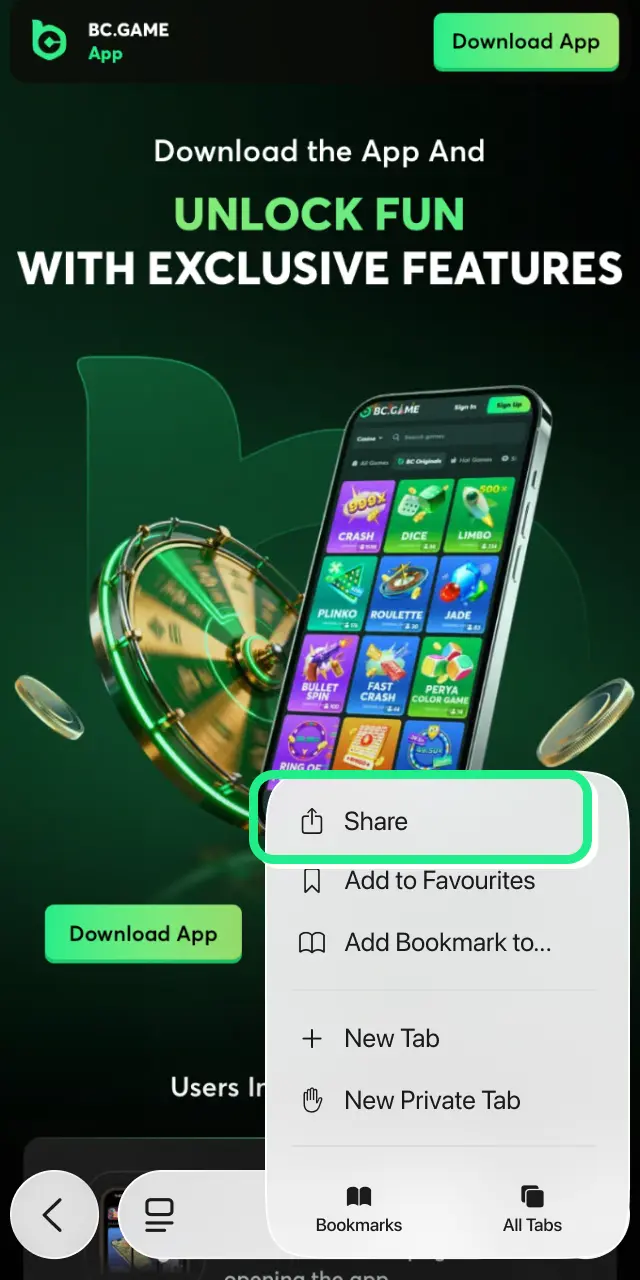 bc game app ios tap share icon