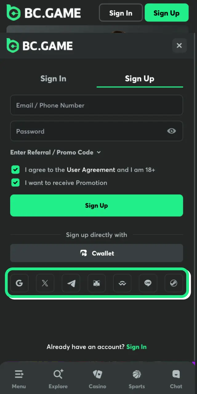 bc game app register choose method