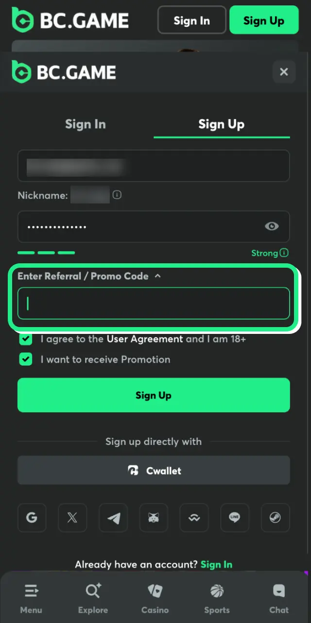 bc game app register enter promo code