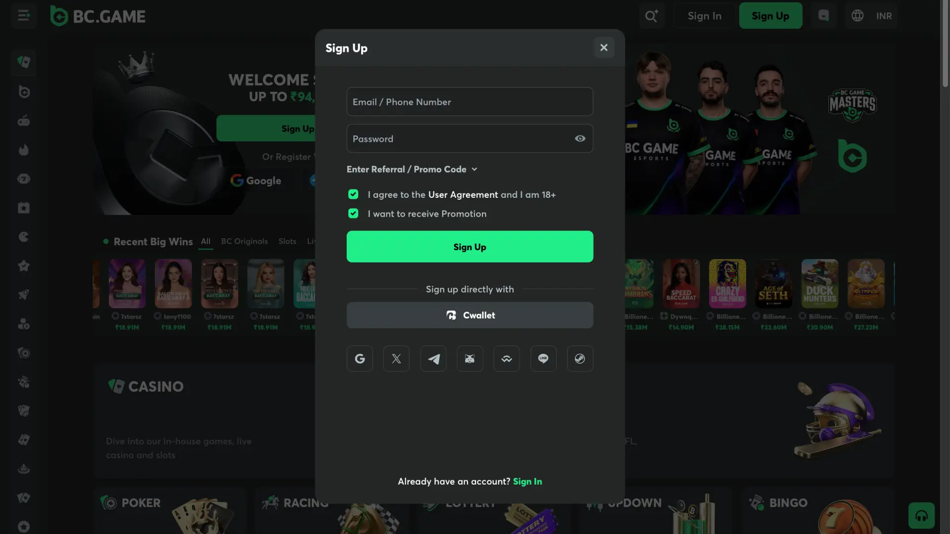 bc game interface register