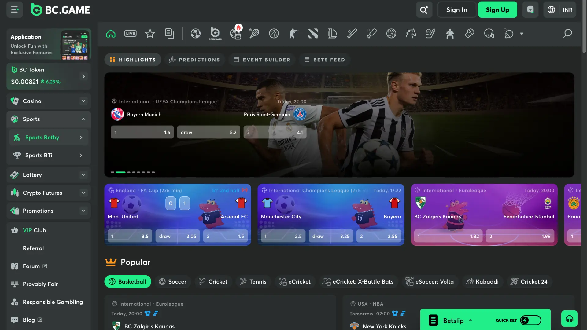bc game interface sports