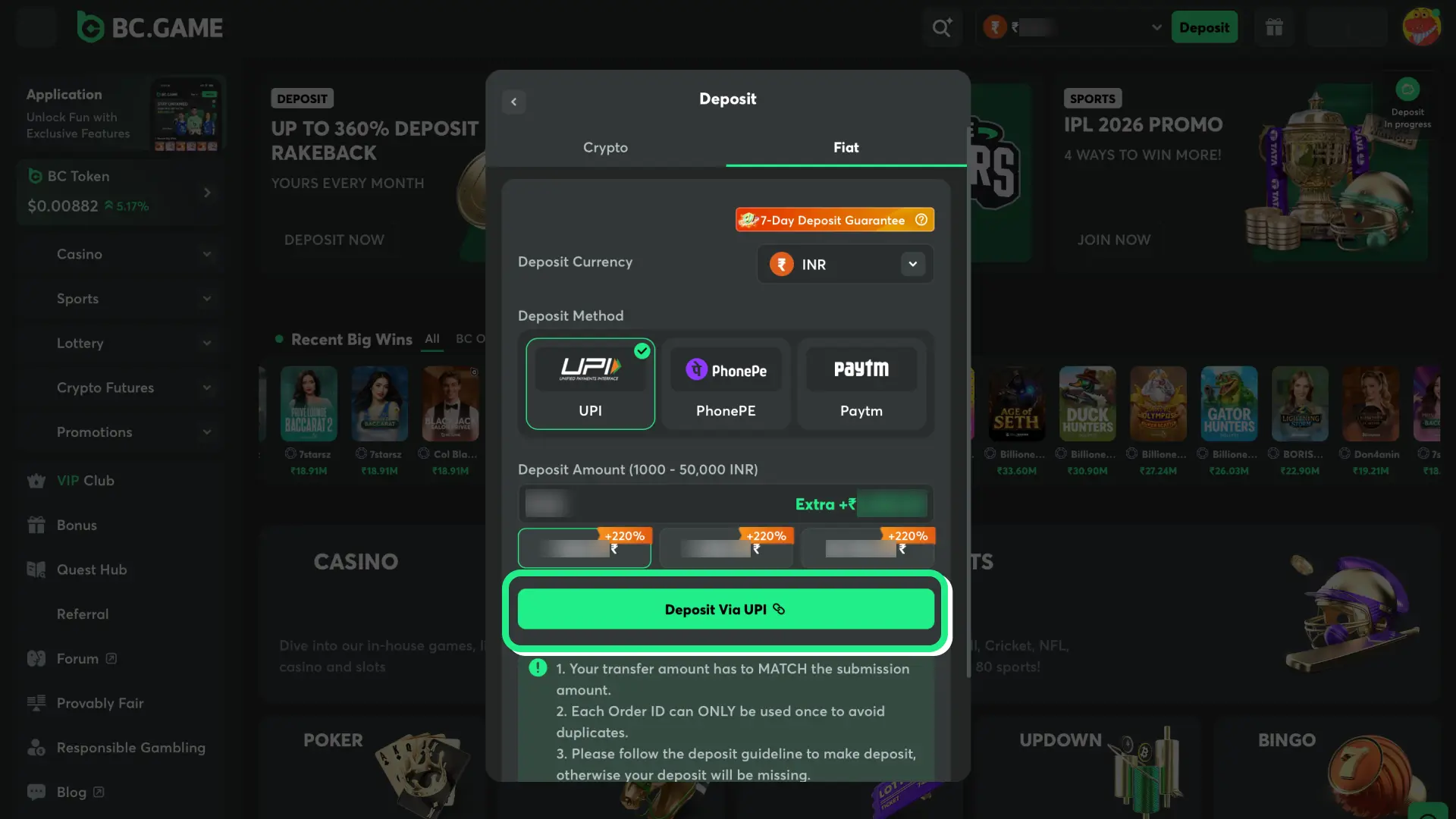 bc game bet deposit payment