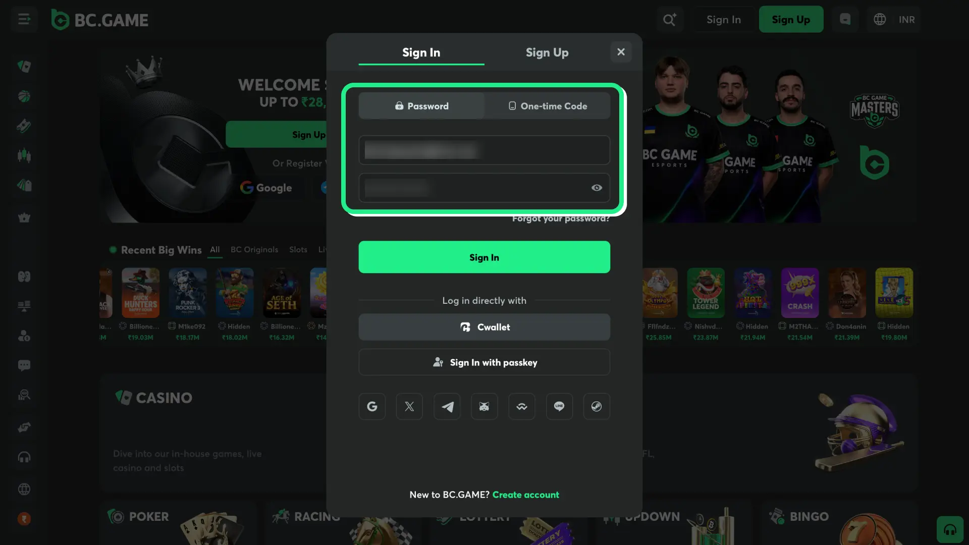 bc game login enter credentials