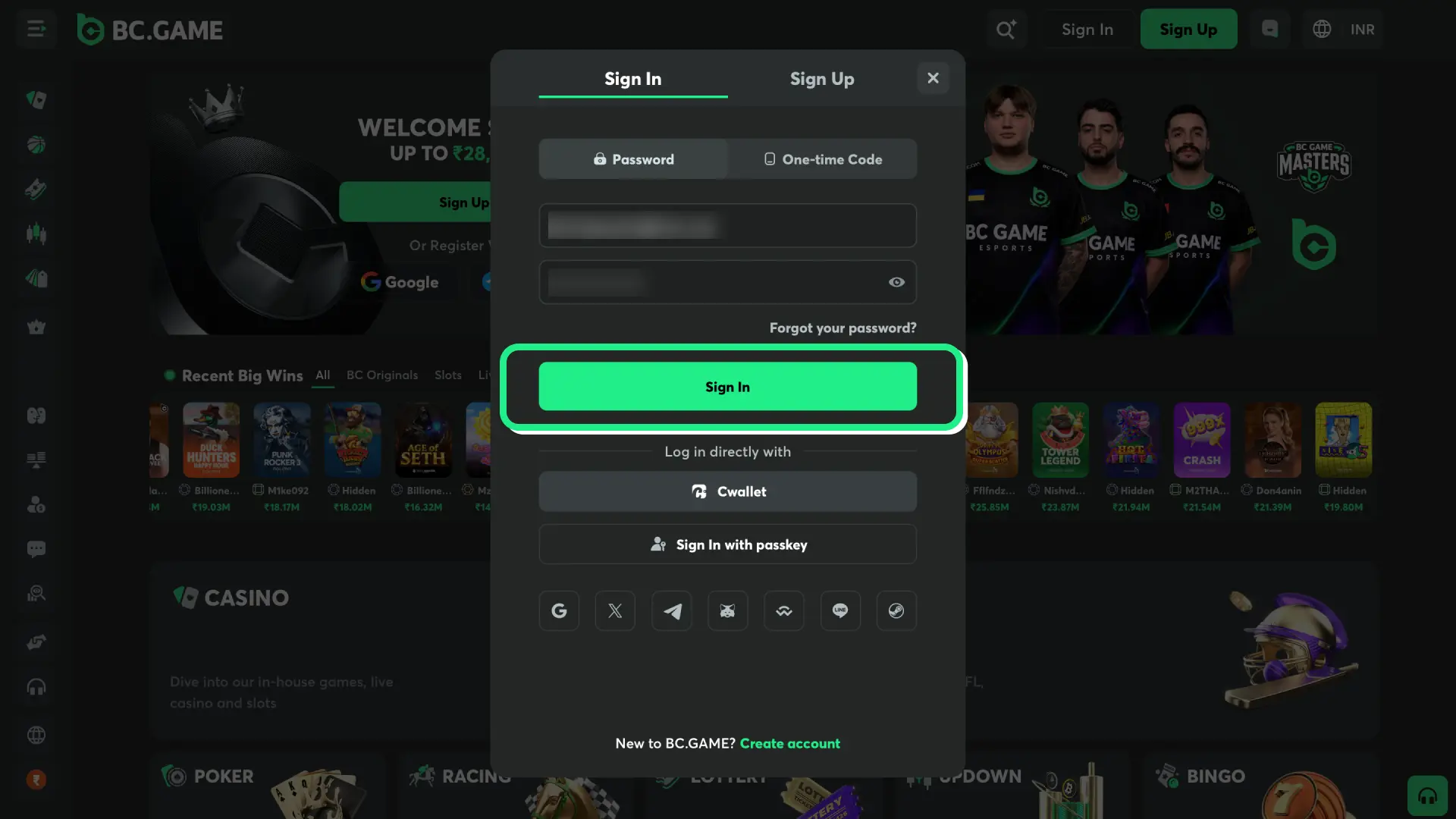 bc game login use social or wallet