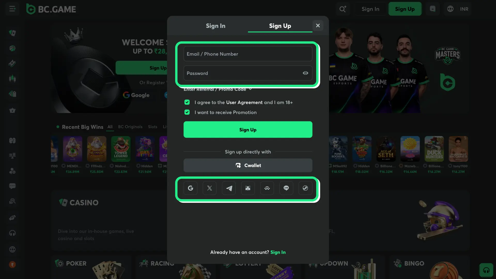 bc game register choose join method