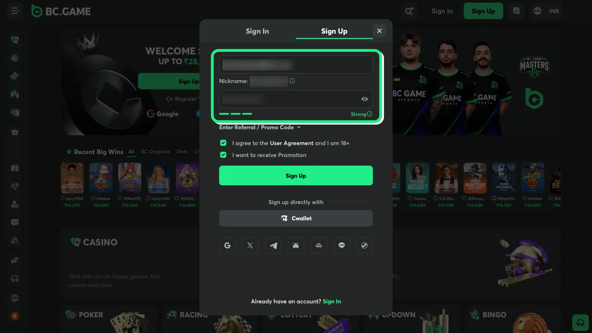 bc game register create password